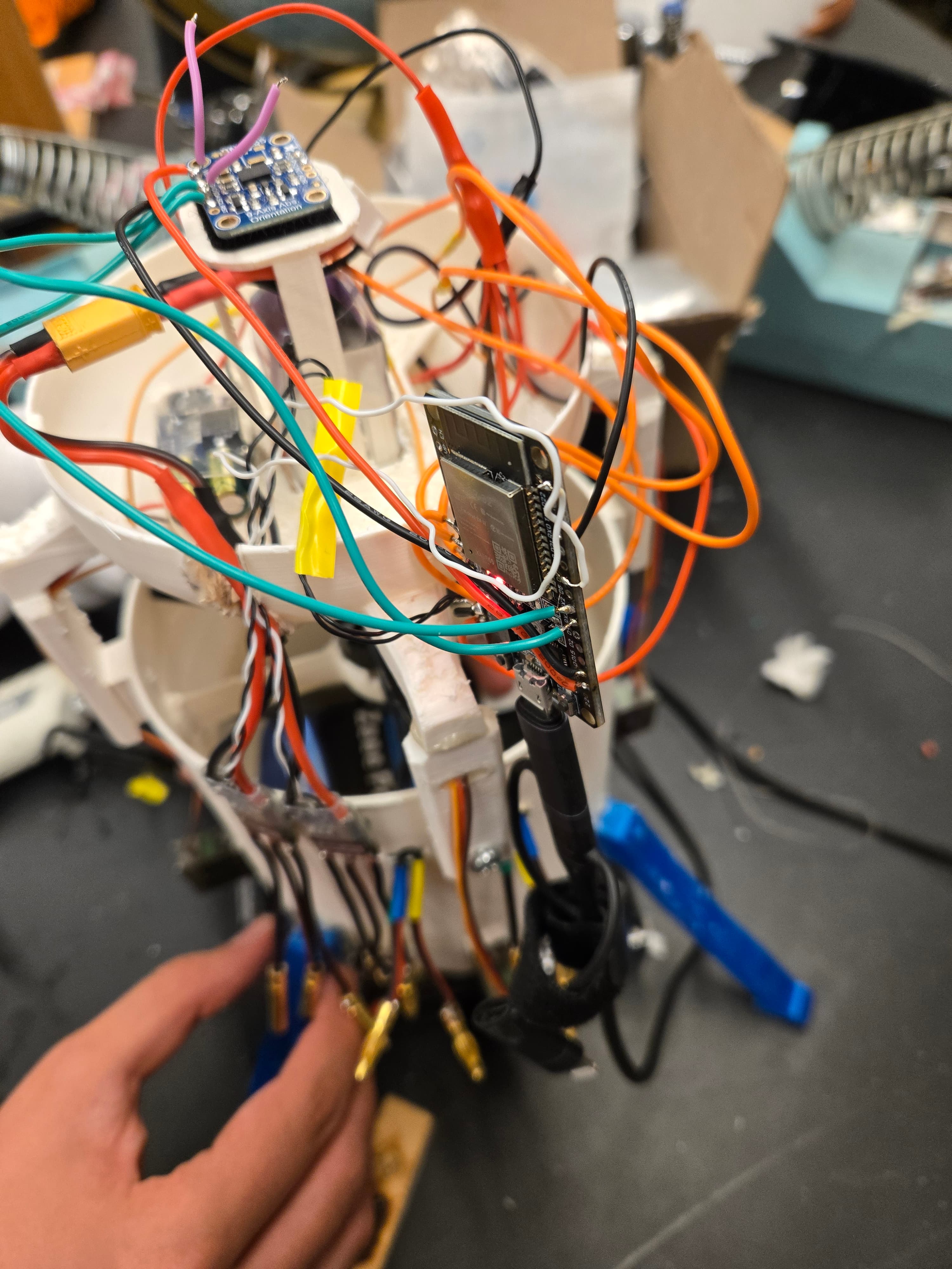 Electronics close-up — ESP32, BNO055 IMU, servo wiring