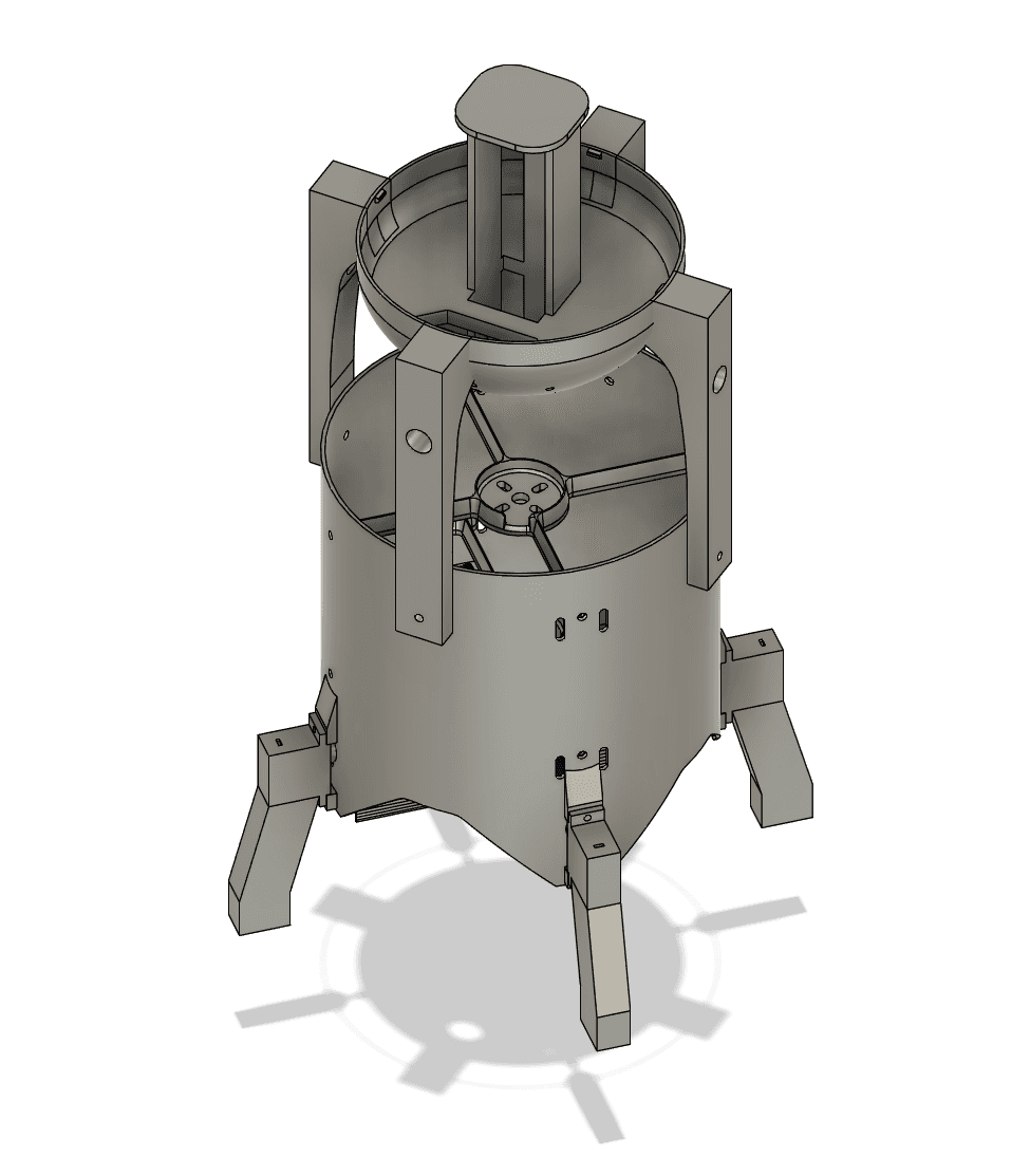 V4 full CAD assembly — ducted coaxial with thrust-vectoring vanes and landing gear